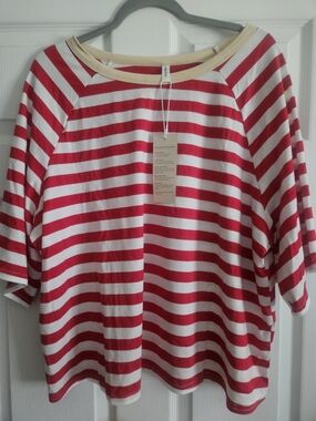 Women’s Red and White Striped Short Sleeve Tee with Cream Trim